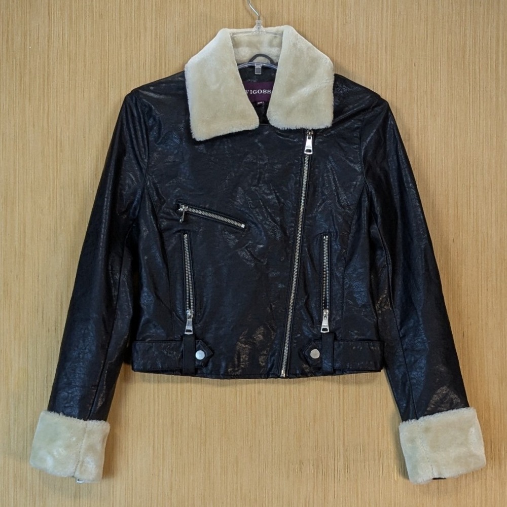 Vigoss Womens Faux Leather Moto Jacket Black Faux Fur Trim XS Bikercore Mobwife